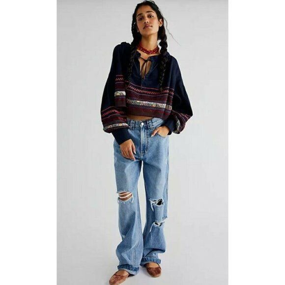 Free people- Poppy Embroidered Top Navy Cropped Bohemian Blouse